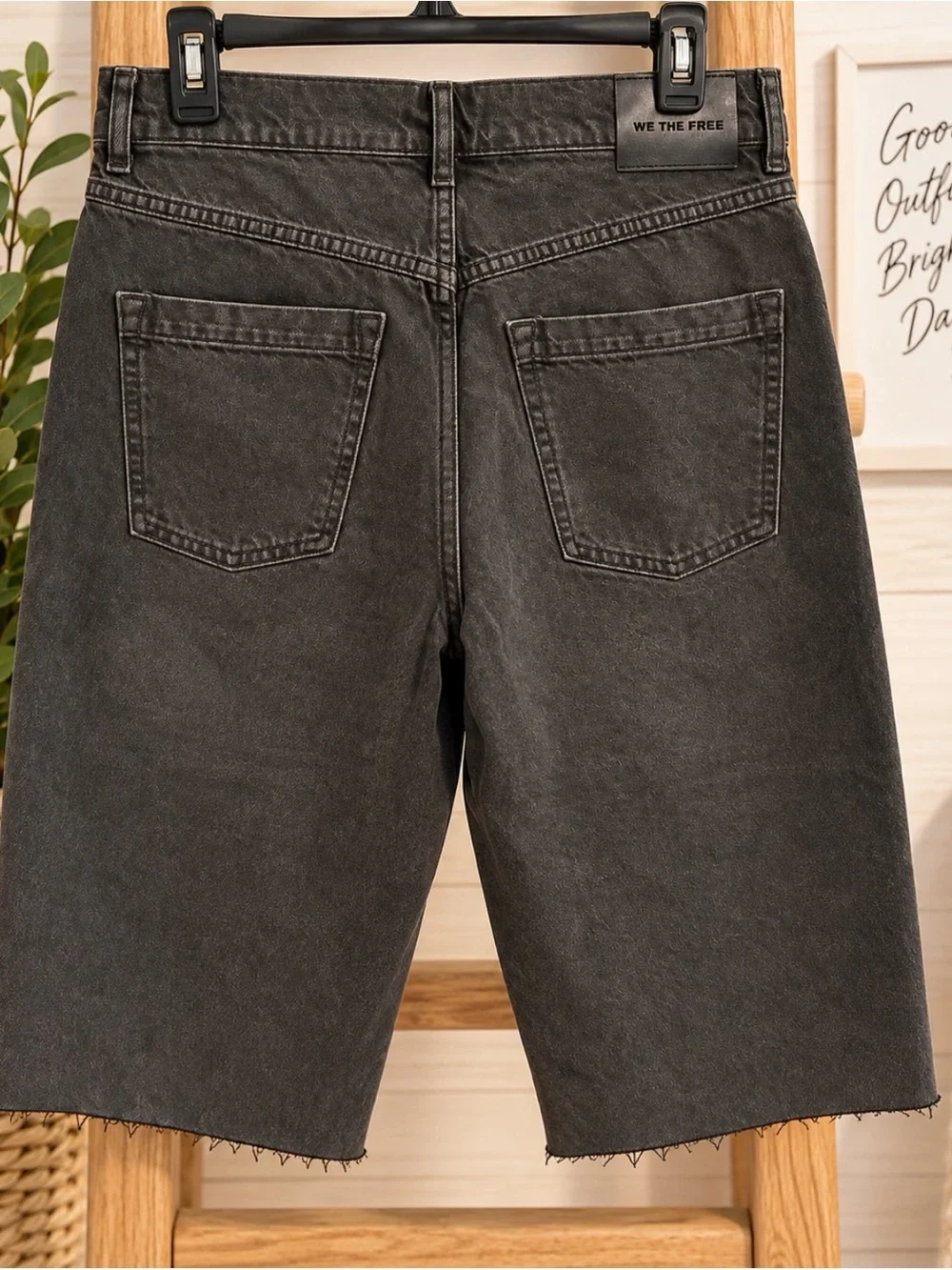 Free People We The Free Black Denim Bermuda Jort Shorts Raw Hem -NWOT